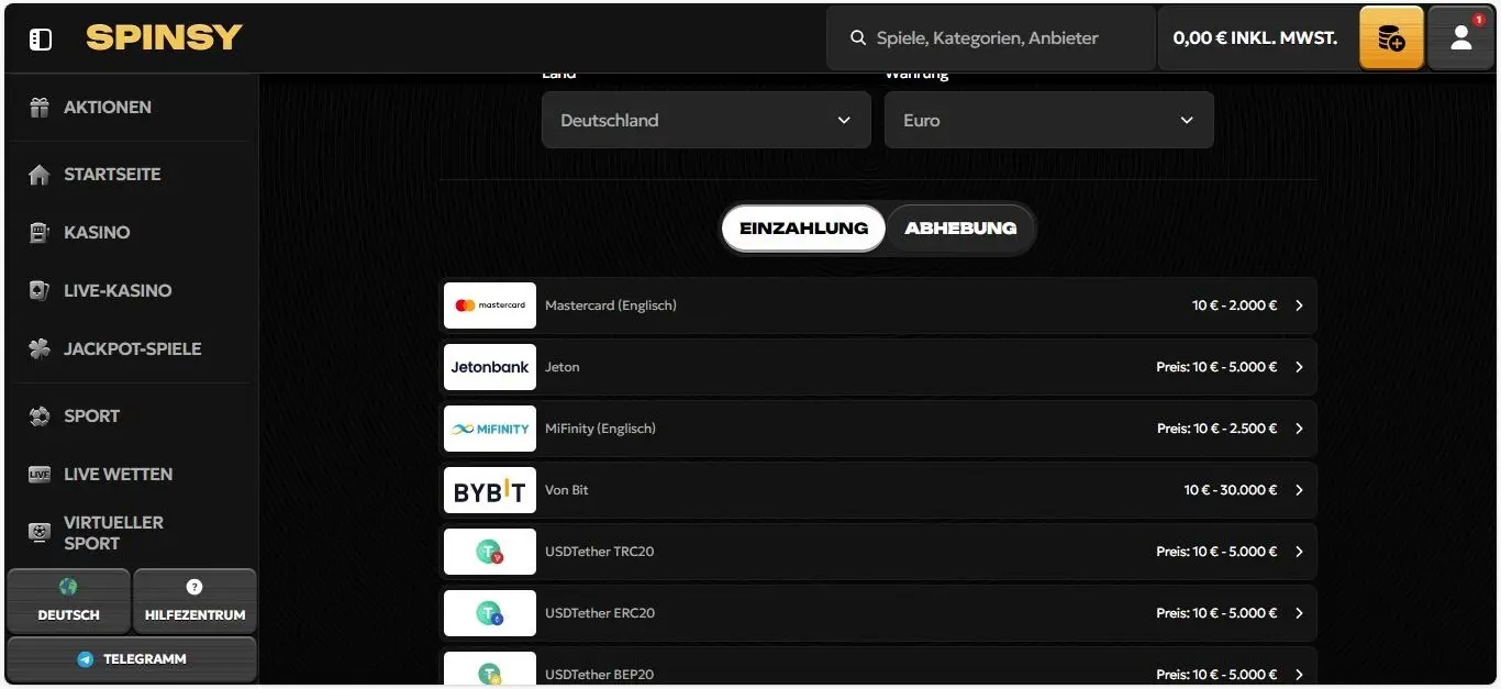 Spinsy Erfahrungen mit der Einzahlung