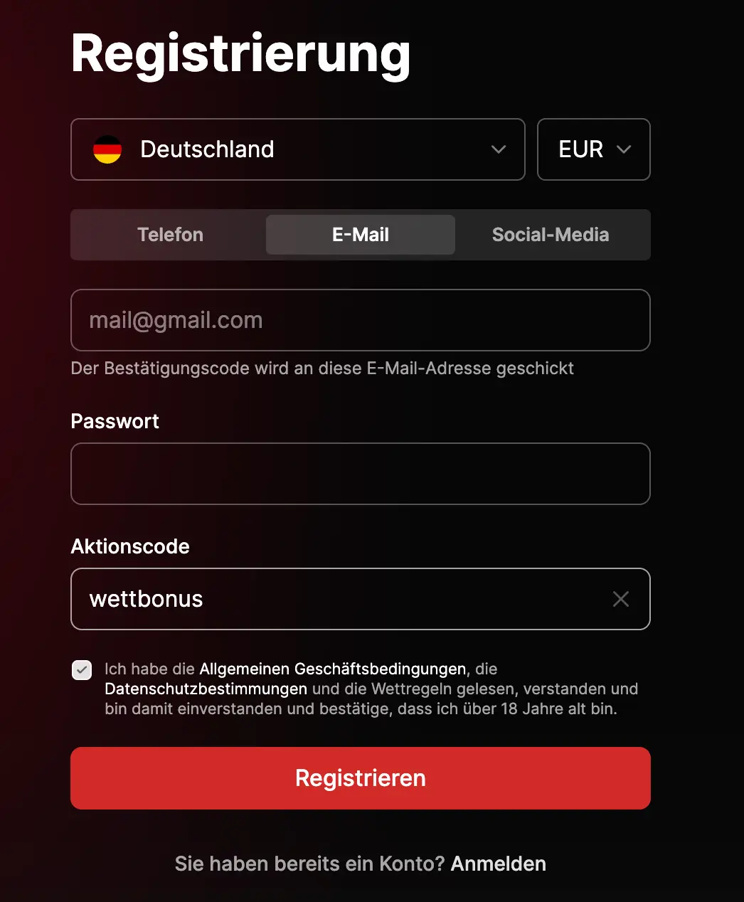 Hier trägst du den Fonbet Bonus Code ein