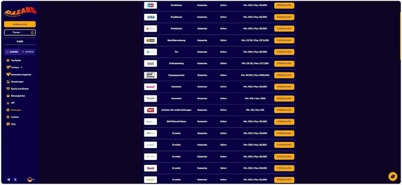 Hier die Übersicht der Dazard Sportwetten Einzahlung - unser Test