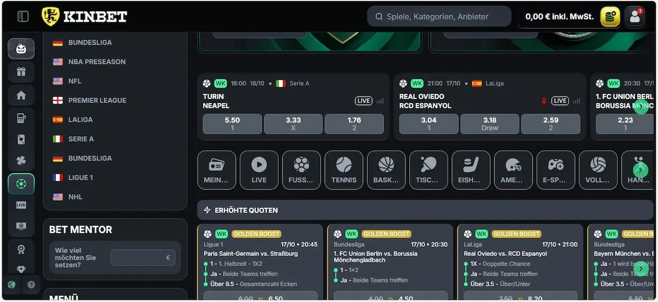 KinBet Sportwetten Angebot
