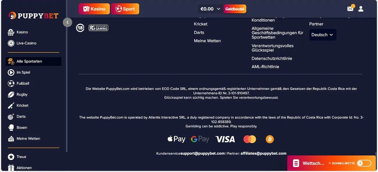 PuppyBet Sportwetten Lizenz
