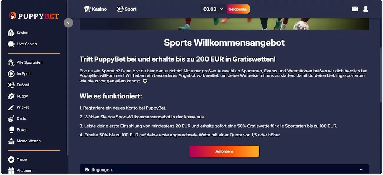 PuppyBet Neukundenbonus für Sportwetten // Bild: Eigenes