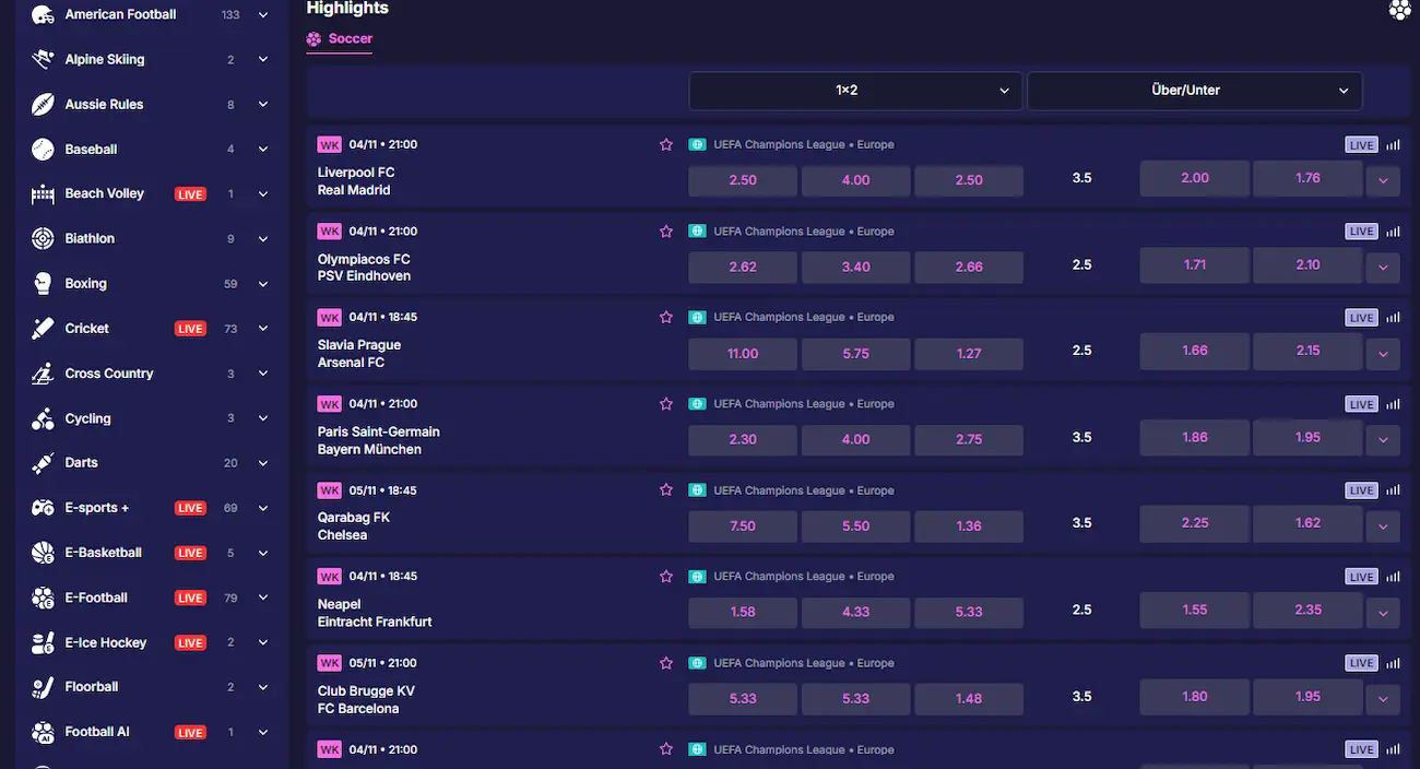 Rizzio Sportwetten Angebot