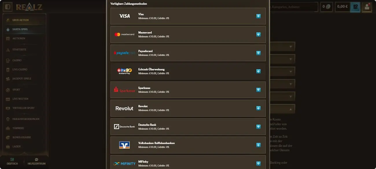 Realz Einzahlungsmethoden in der Übersicht
