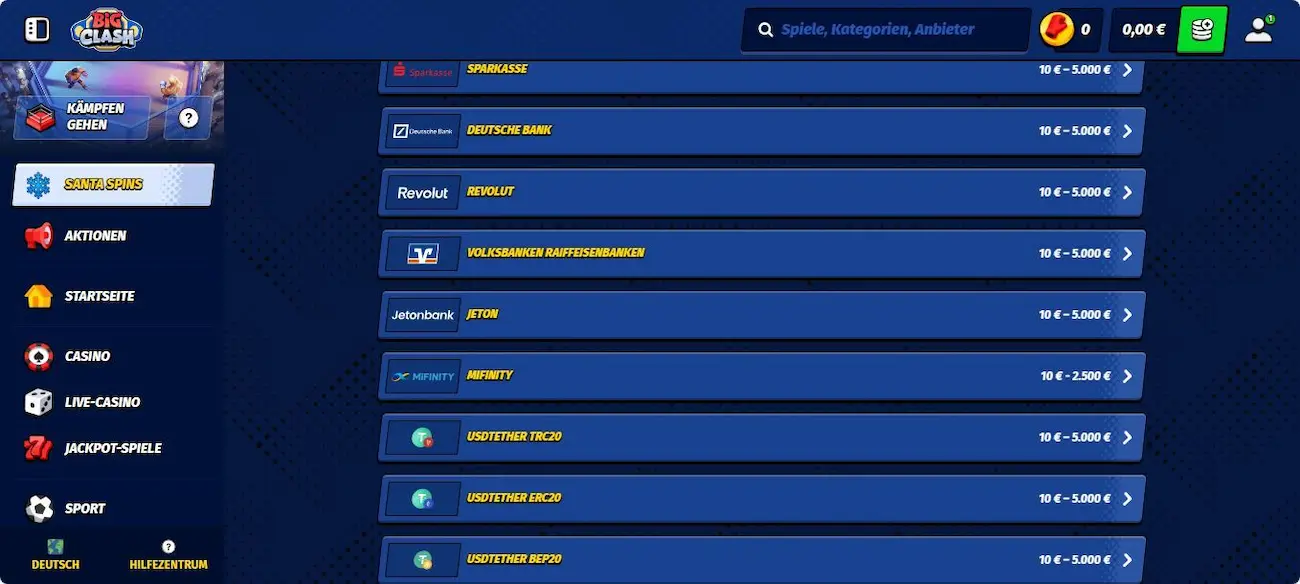 Weitere Einzahlungsoptionen bei BigClash