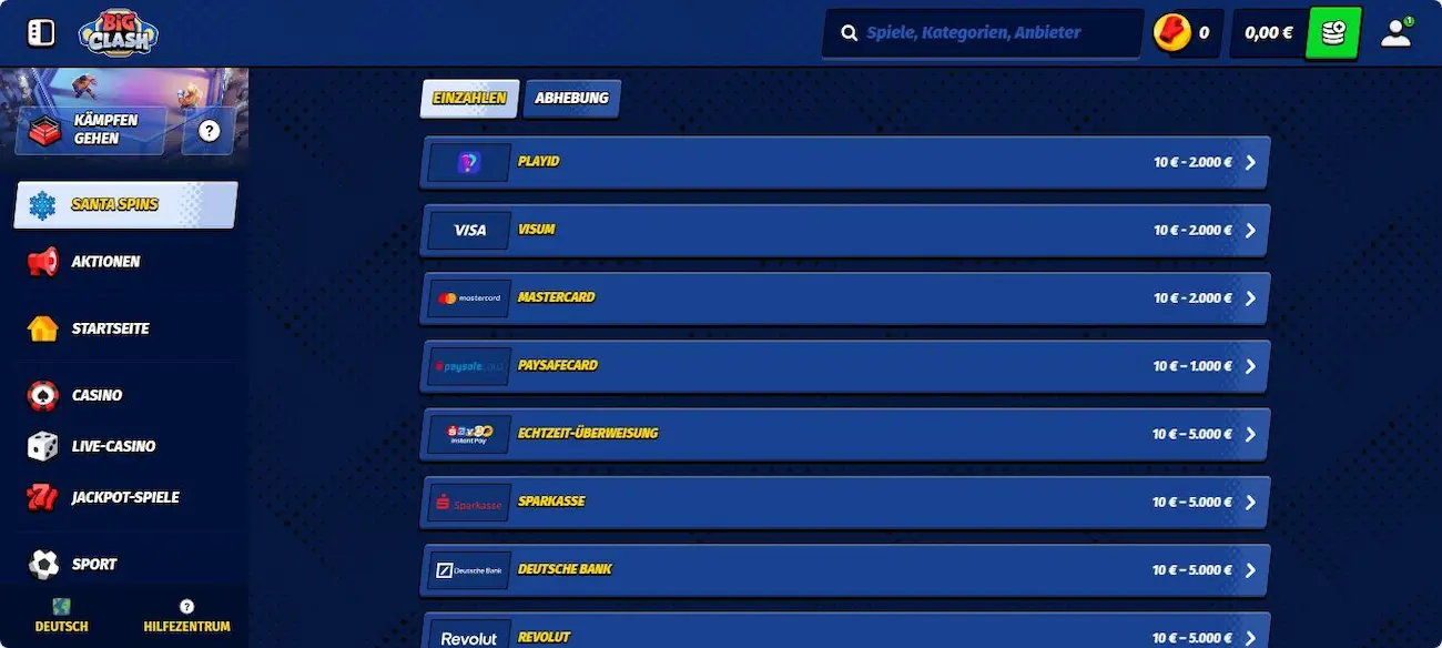 BigClash Test der Einzahlungsmethoden