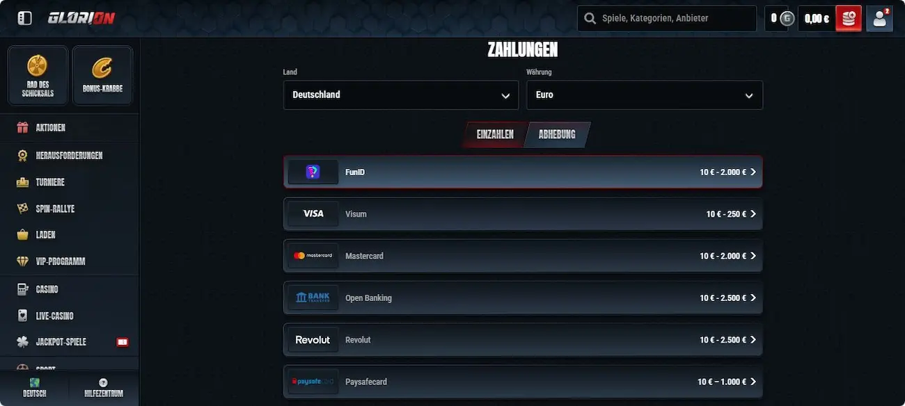 Glorion Einzahlungsmethoden - Part 1