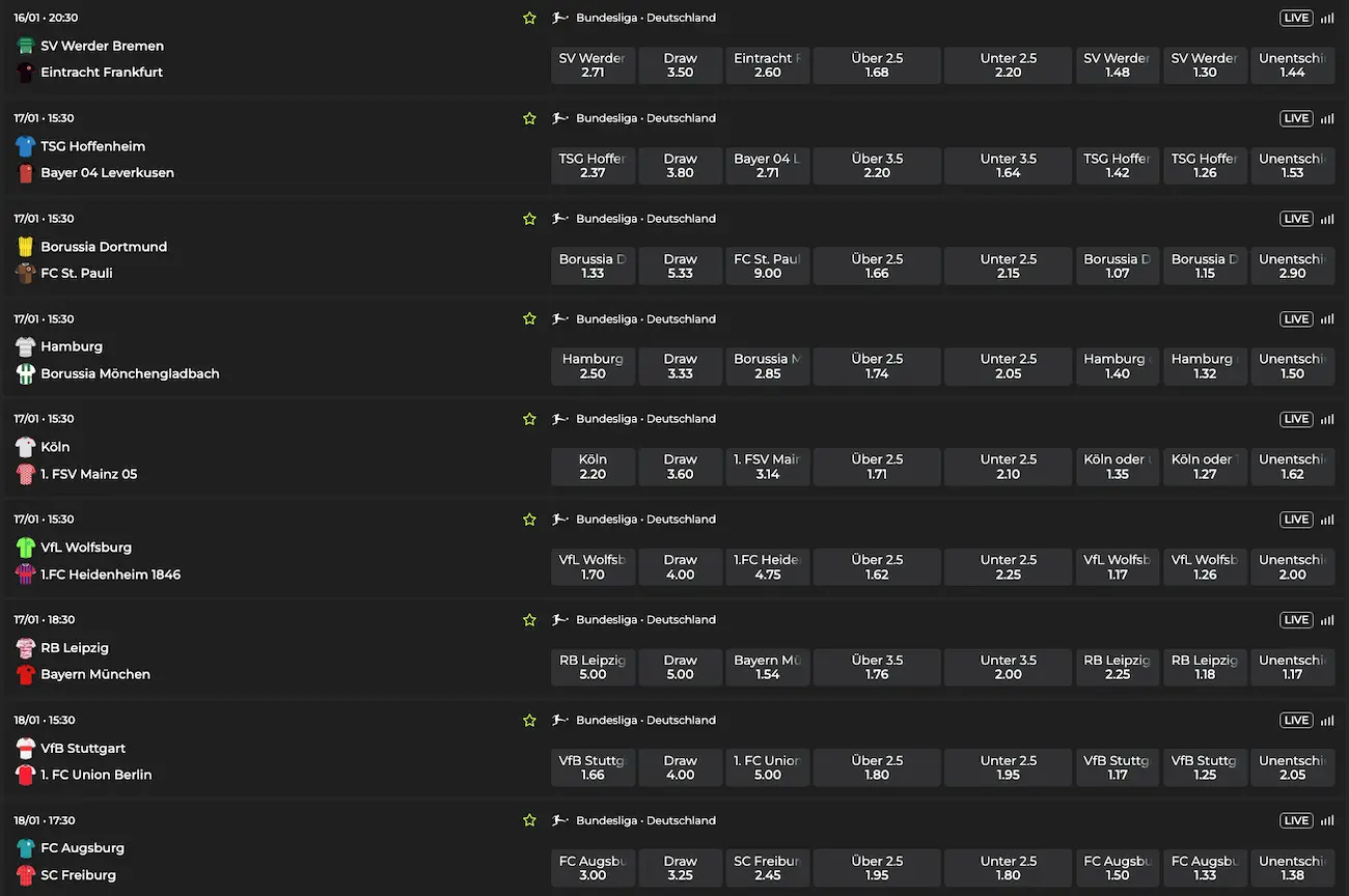 Bundesliga Quoten zum 18. Spieltag // Quelle: Betovo