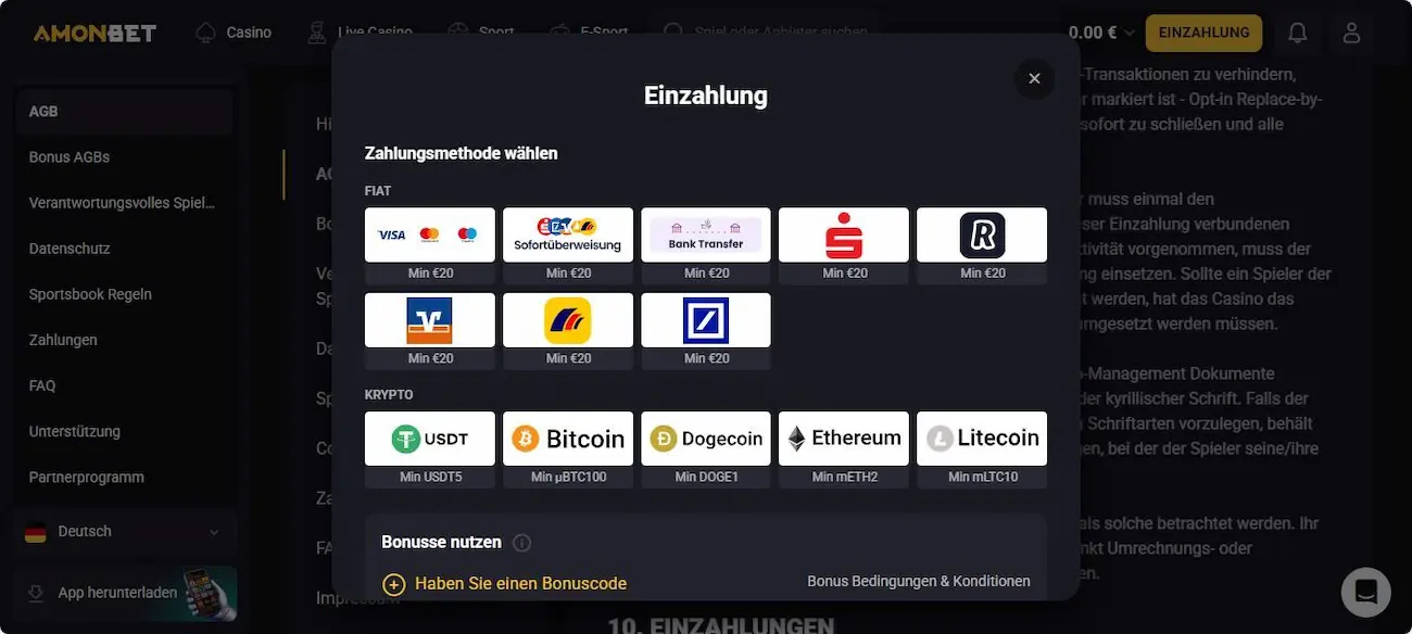 AmonBet Test der Einzahlungsmethoden