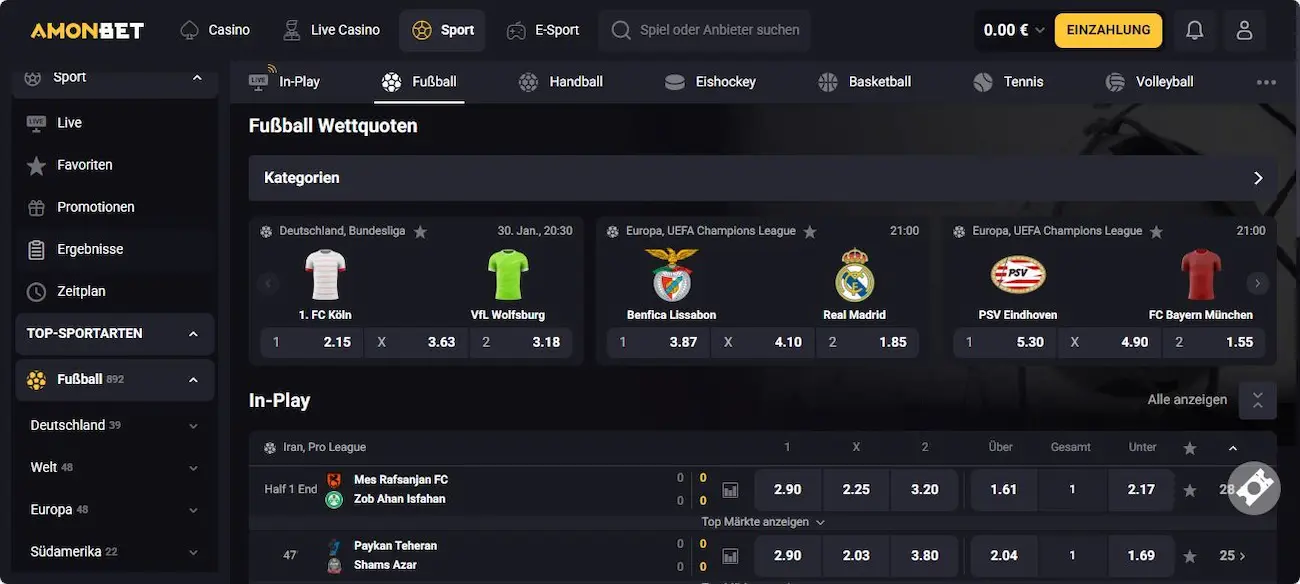 AmonBet Sportwetten Angebot