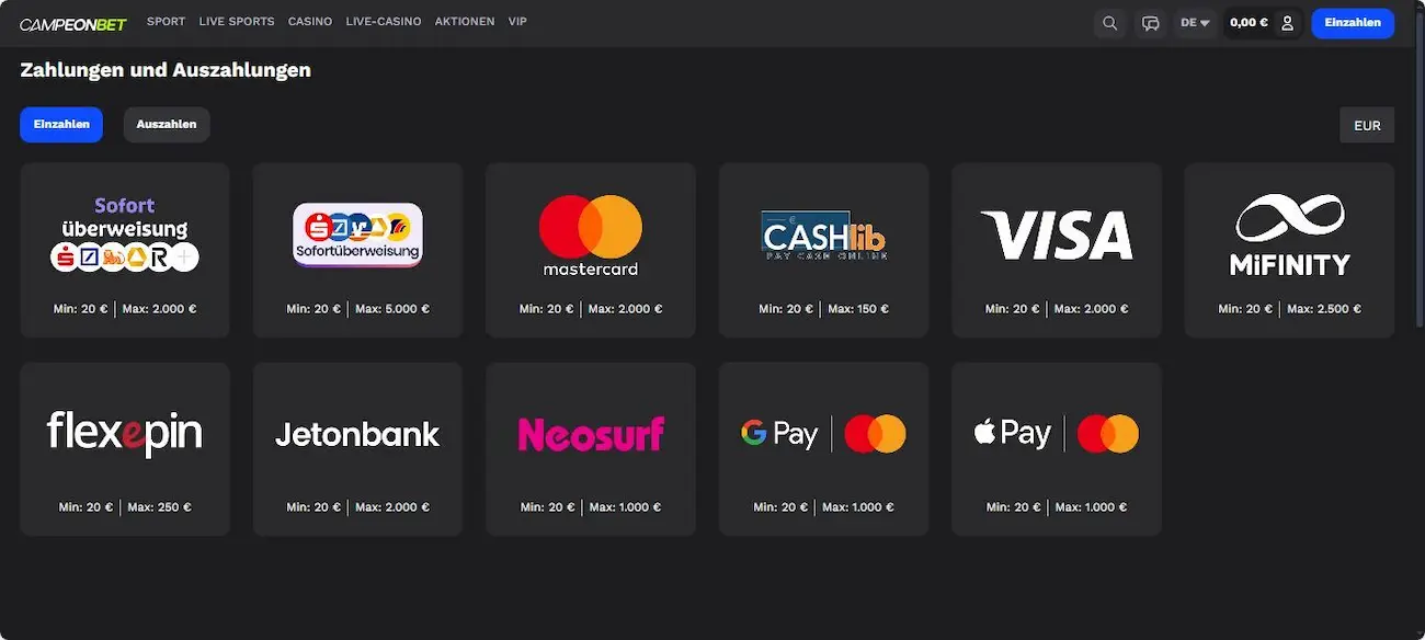 CampeonBet Test der Einzahlungsmethoden
