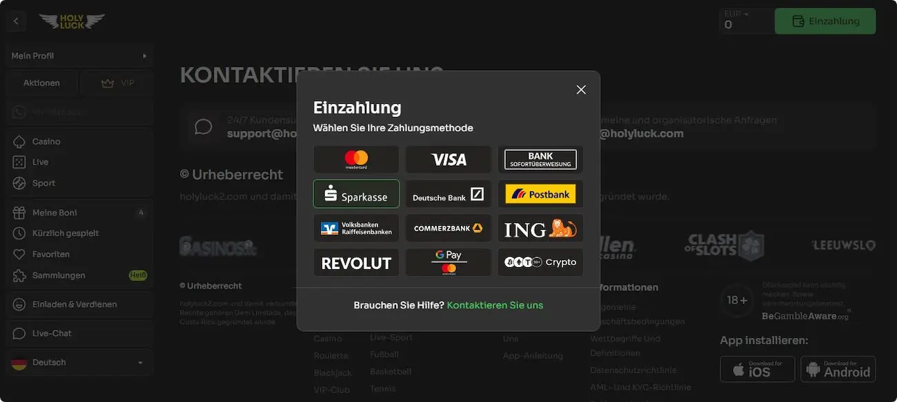 HolyLuck Test der Einzahlungsmethoden