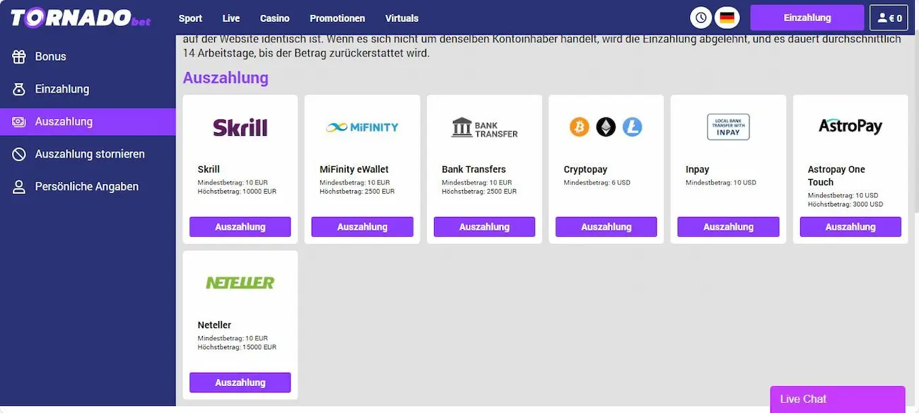 TornadoBet Erfahrungen mit der Auszahlung