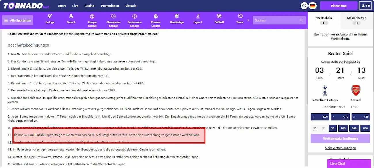 Die Bonus Regeln bei TornadoBet