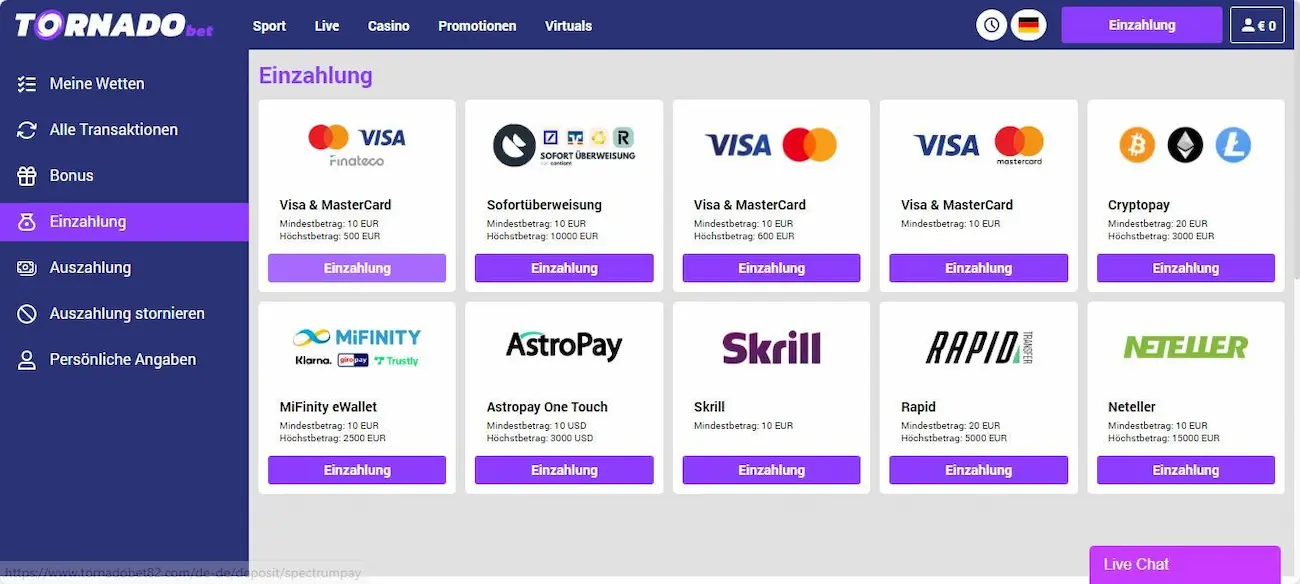 TornadoBet Test der Einzahlungsmethoden