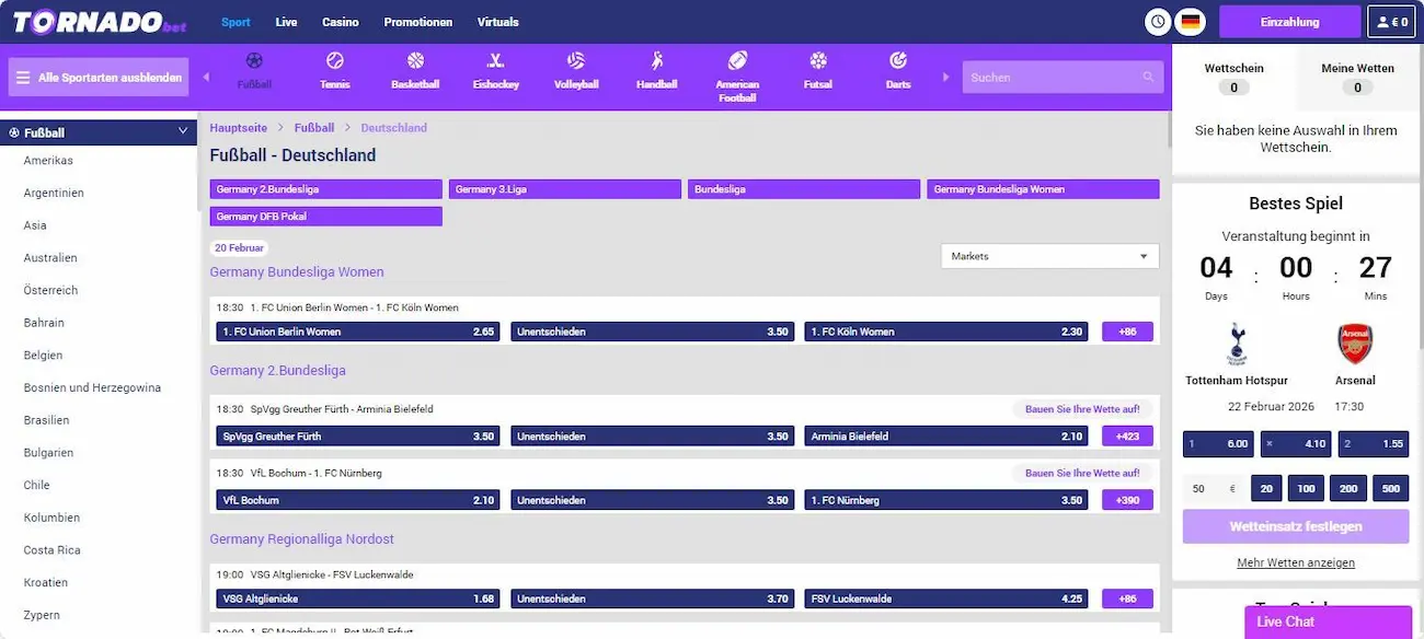 So schaut das TornadoBet Sportwetten Angebot aus