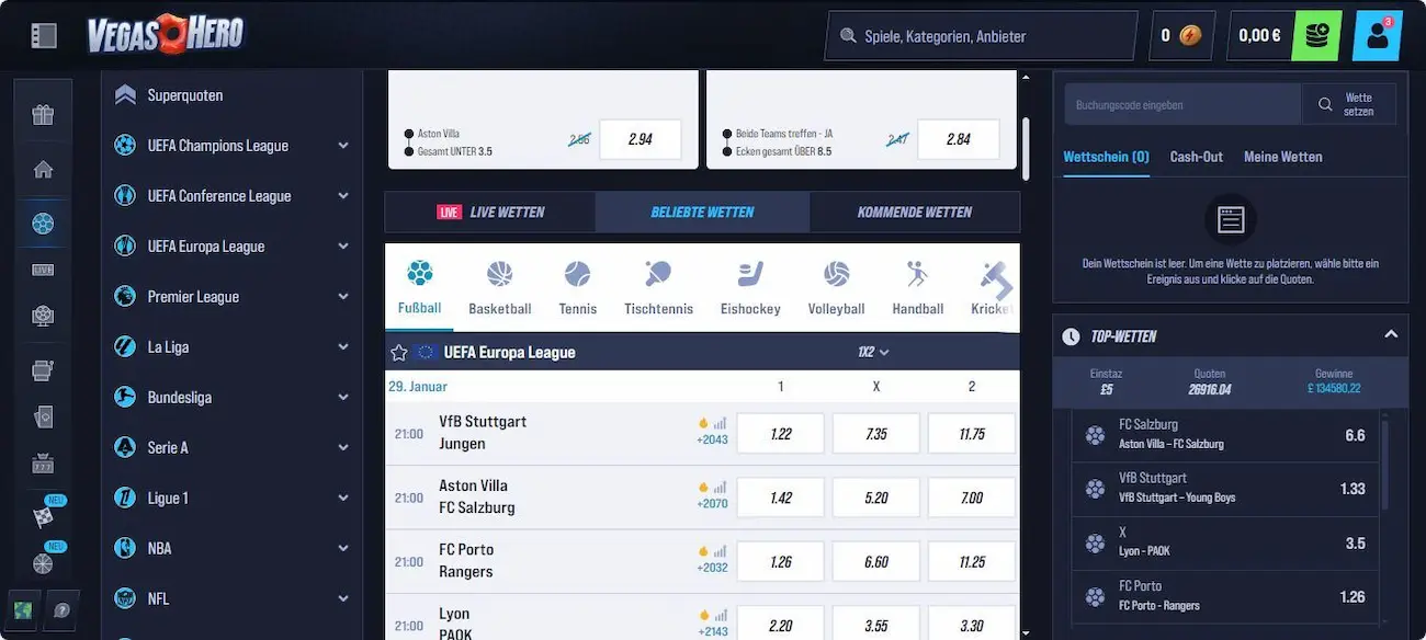 VegasHero Sportwetten Angebot