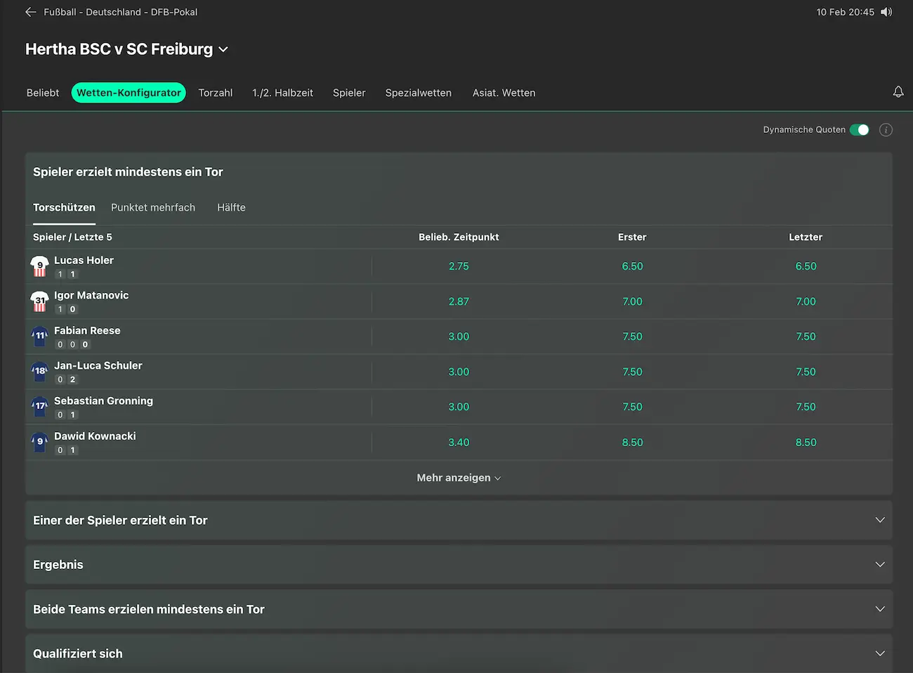 Bet365 Wetten-Konfigurator // Bild: Bet365