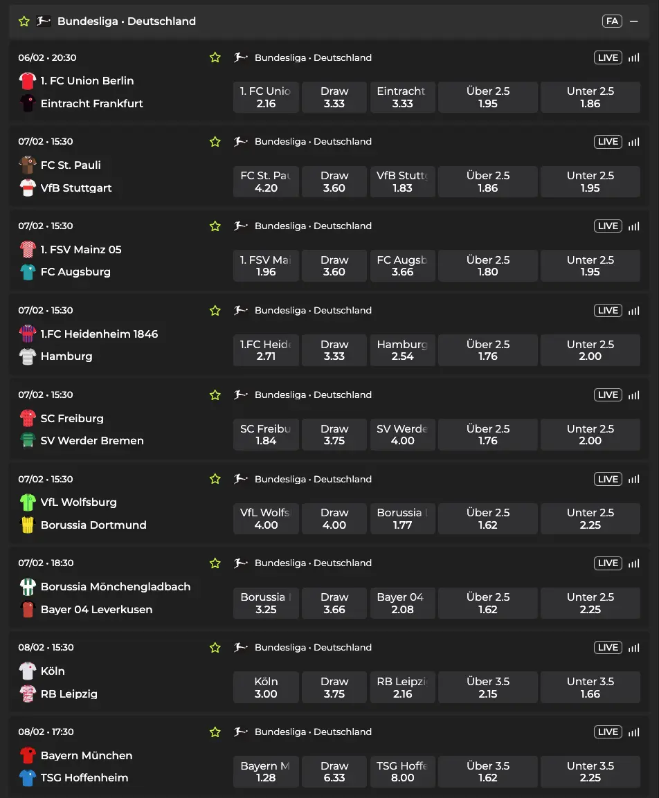 Bundesliga Quoten zum 21. Spieltag // Quelle: Betovo