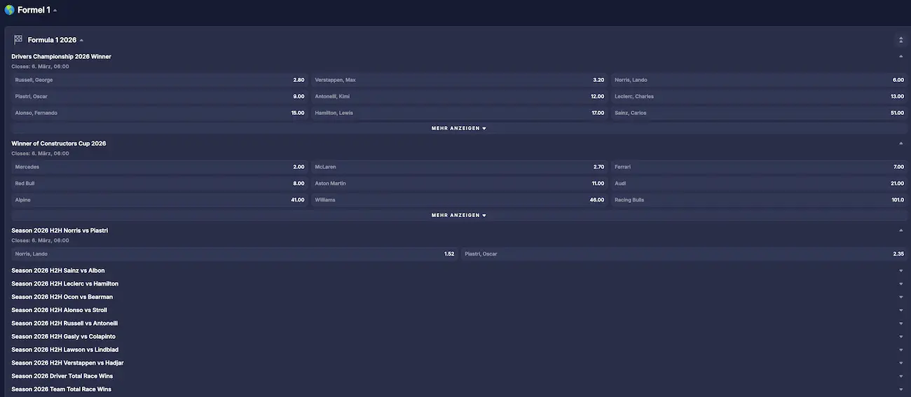 Formel 1 Langzeit- und H2H-Wetten // Bild: Puppybet