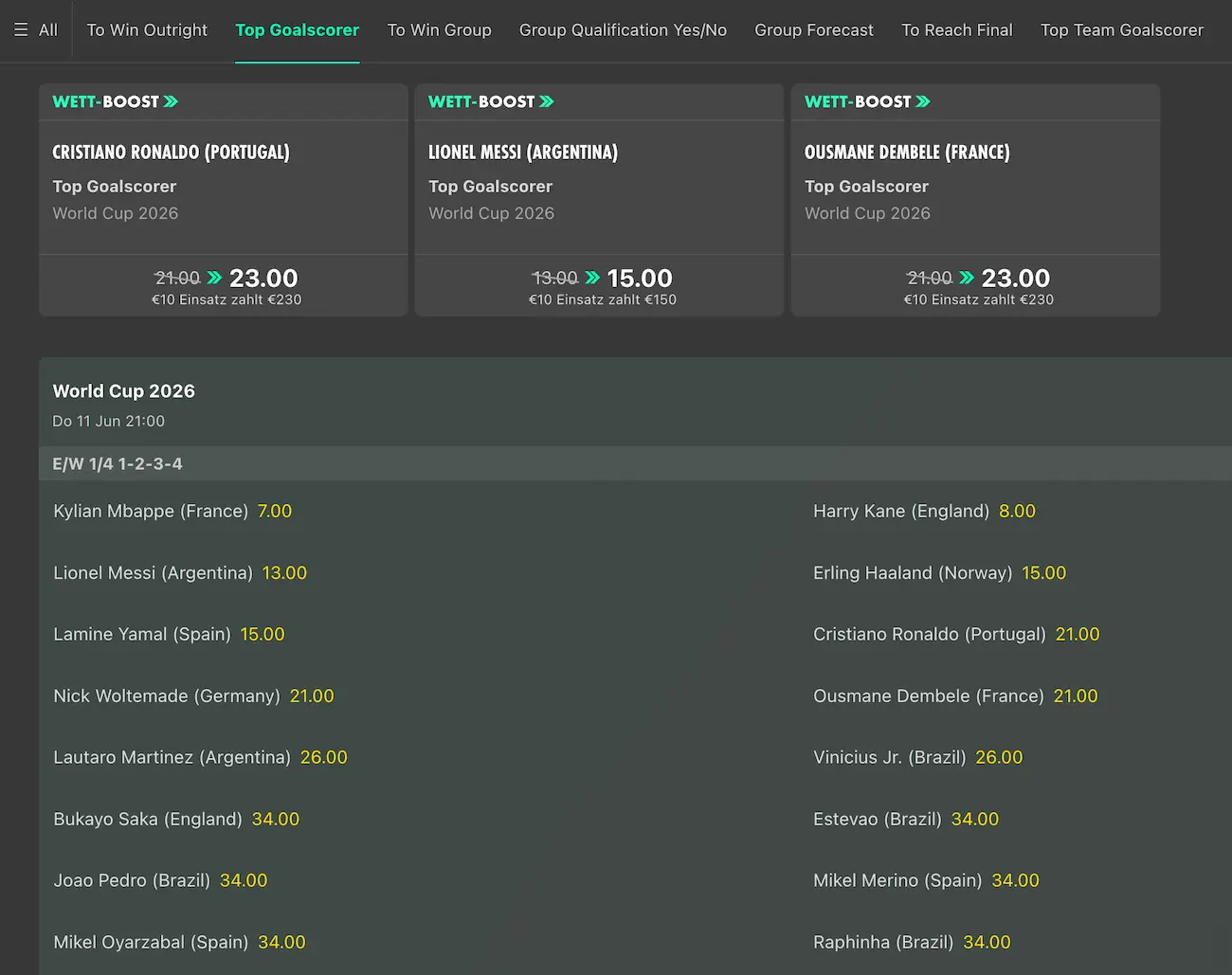 WM Torschützen Wetten - Stand 11. Februar 2026 // Bild: Bet365