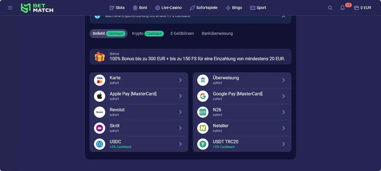 BetMatch Test der Einzahlungsmethoden - Part 1