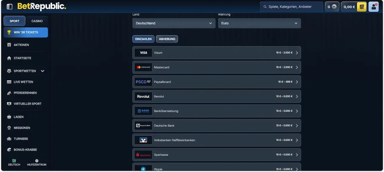 BetRepublic Test der Einzahlungsmethoden