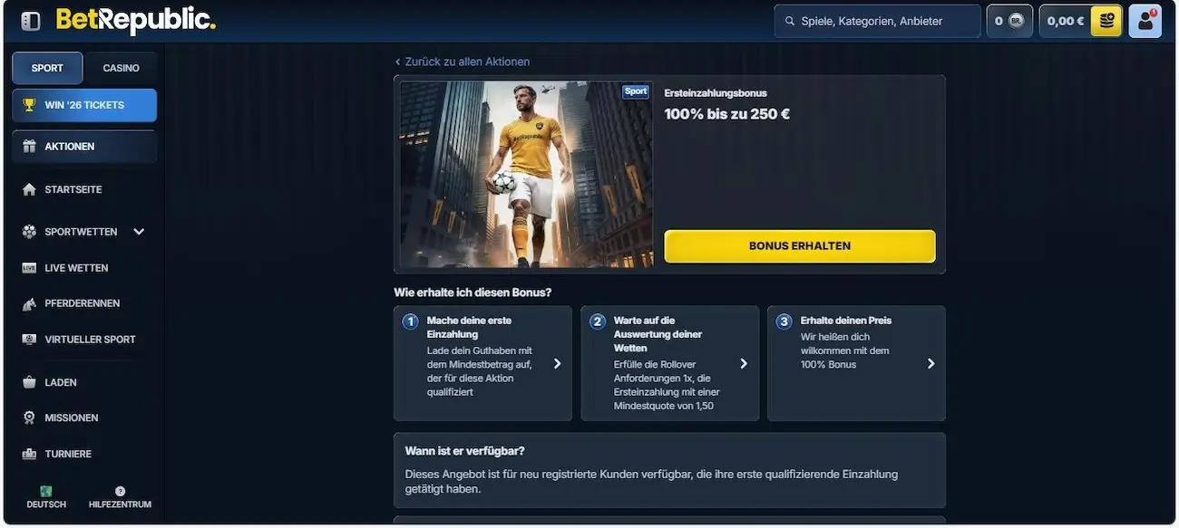 BetRepublic Neukundenbonus: Bis zu 250 € extra