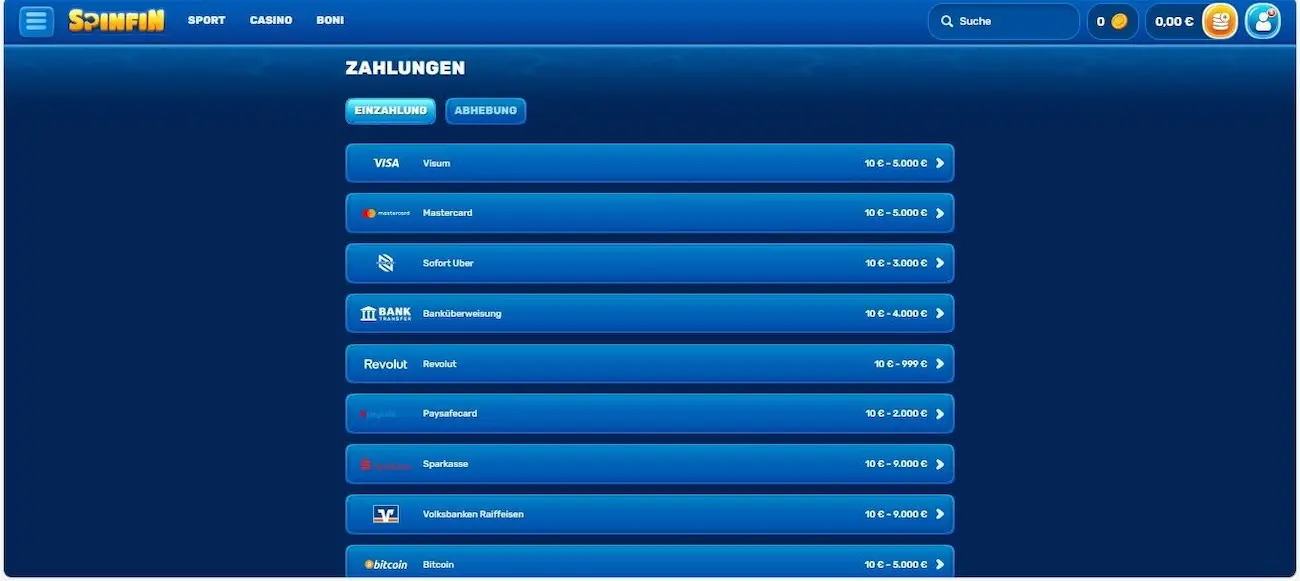 SpinFin Test der Einzahlungsmethoden