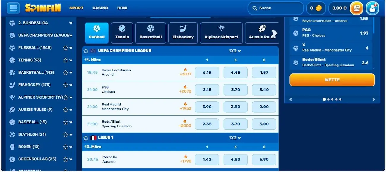 SpinFin Sportwetten Angebot