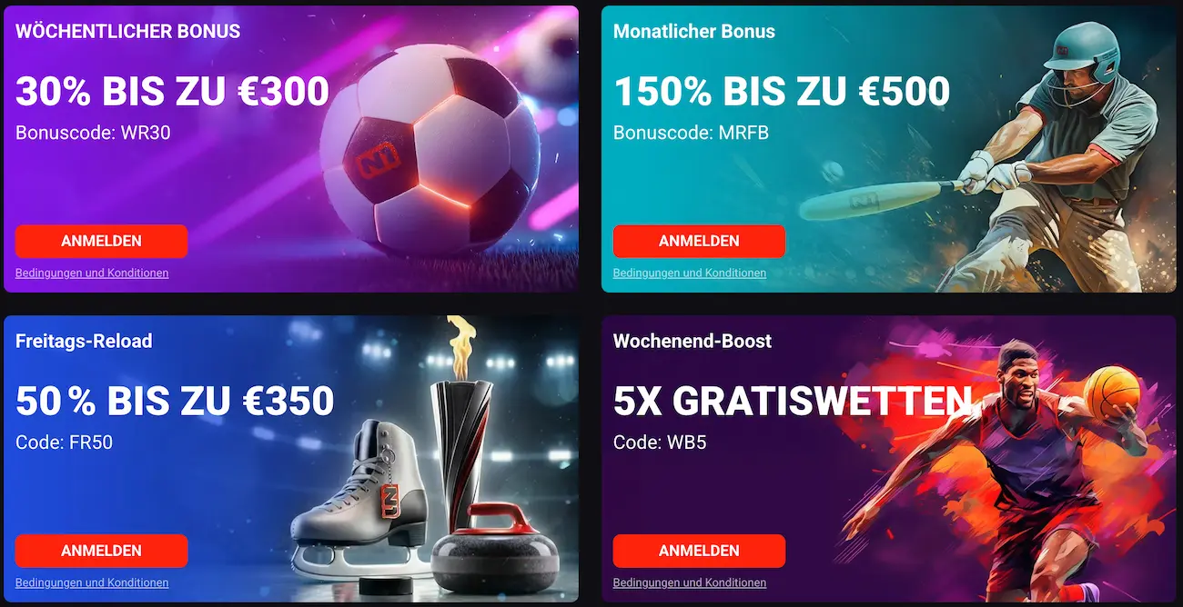 N1Bet Aufladebonus - Aktionen mit Bonus Code (immer vorab prüfen)