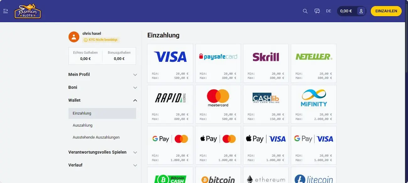 Jasmin Slots Test der Einzahlungsmethoden