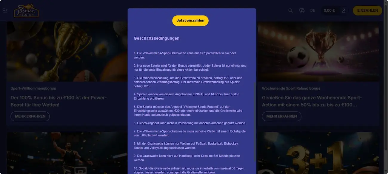 Infos zu der Freiwette bei Jasmin Slots Sport