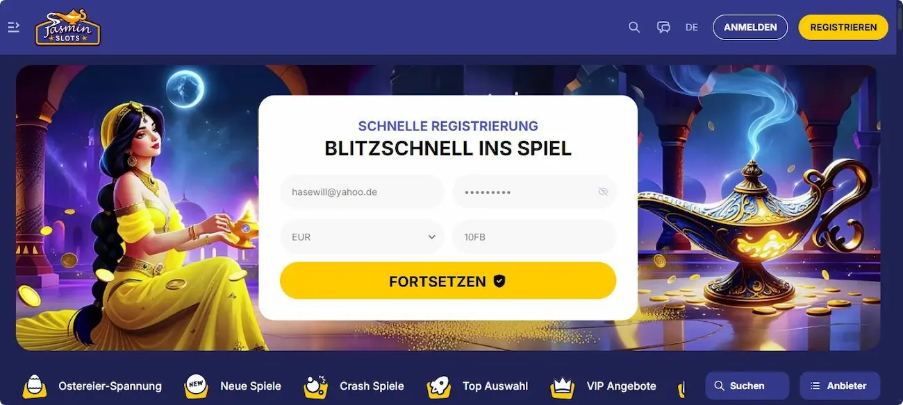 Eintrag vom Bonus Code bei Jasmin Slots Sportwetten nicht vergessen