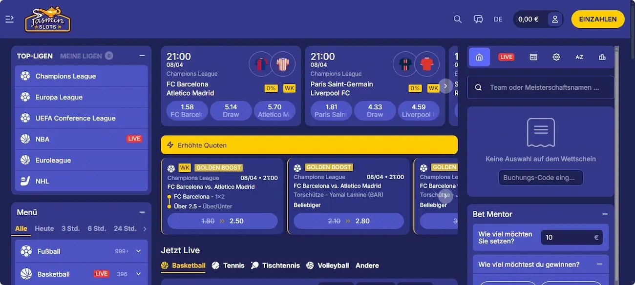 Jasmin Slots Sportwetten Angebot