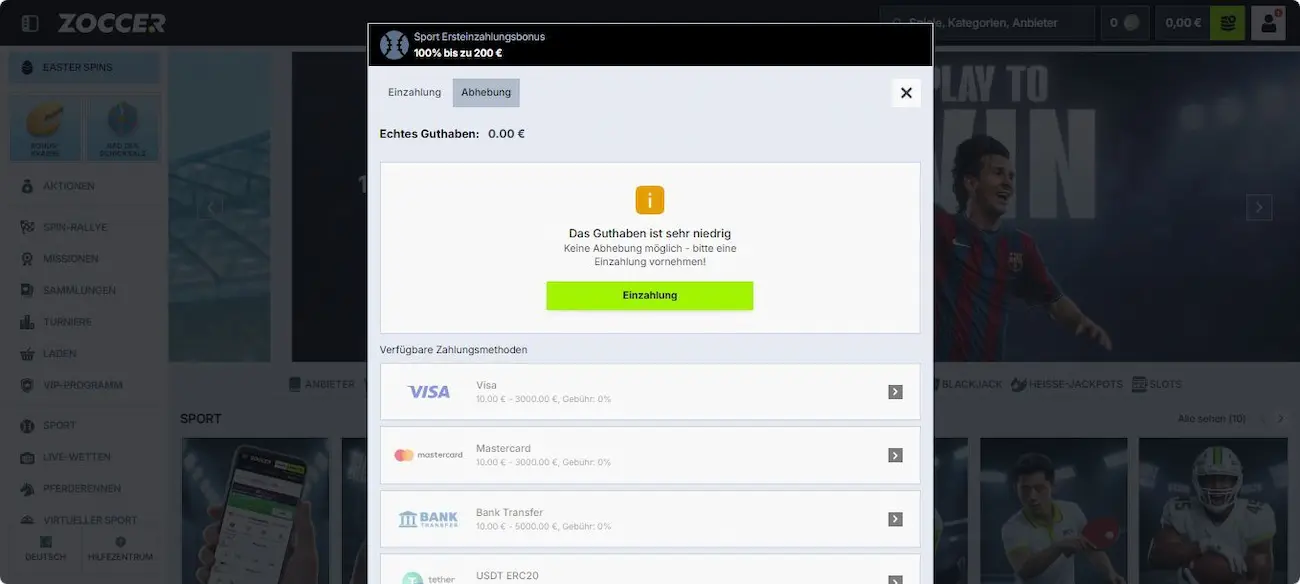 Zoccer Test der Auszahlungsmethoden