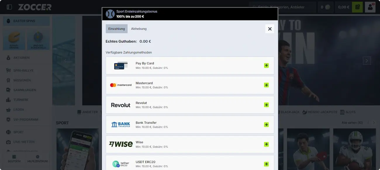 Zoccer Test der Einzahlungsmethoden