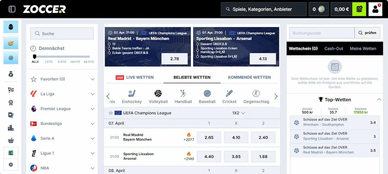 So schaut das Zoccer Sportwetten Angebot aus