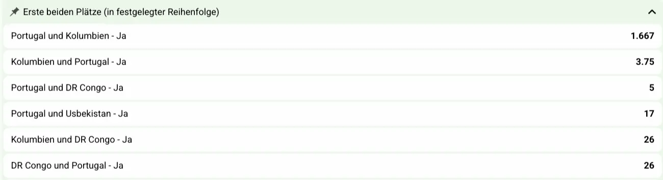 Portugal bei der WM 2026 vor Kolumbien in Gruppe K // Bild: Betlabel