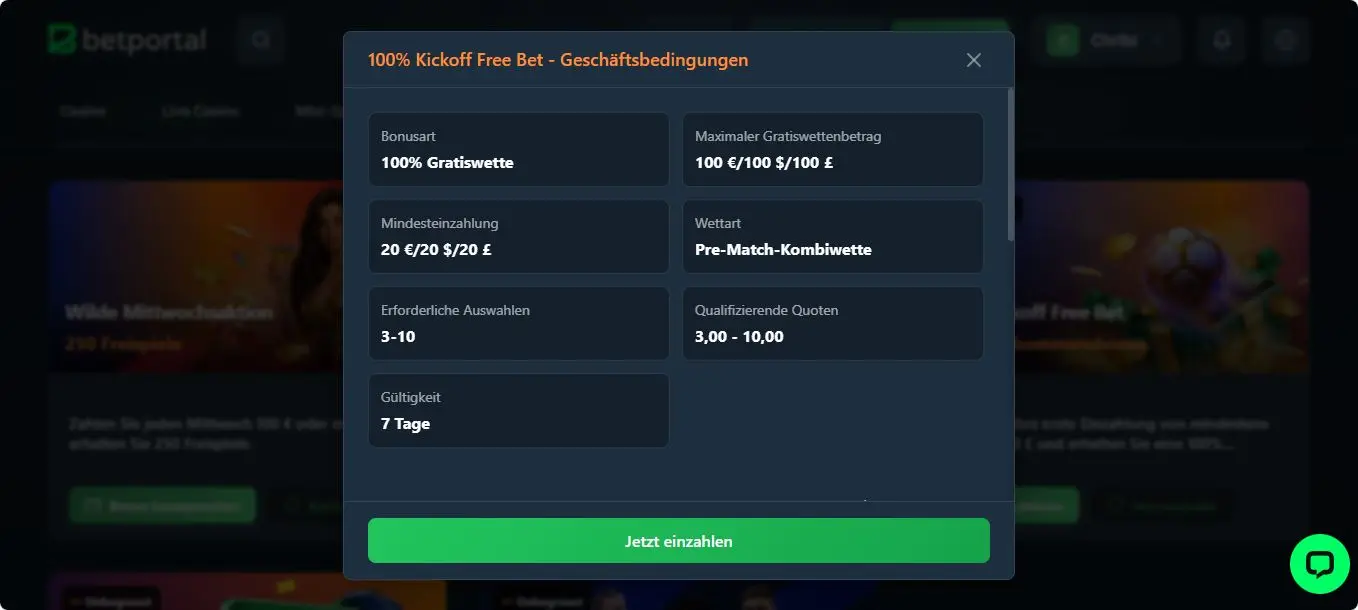 BetPortal Bonus Regeln zur Freiwette