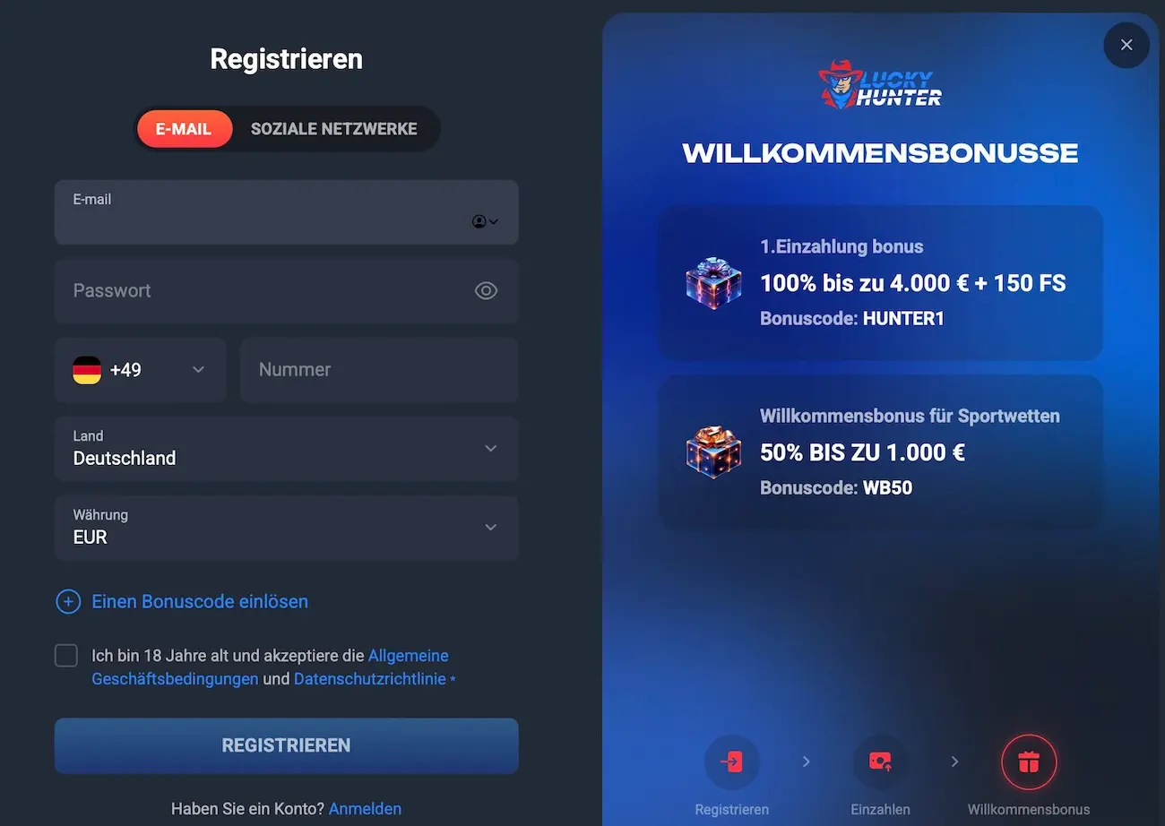 Registrierung bei Lucky Hunter - inklusive Bonus Code