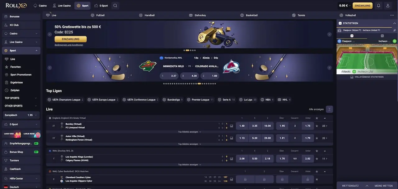 RollXO Sportwetten Auswahl