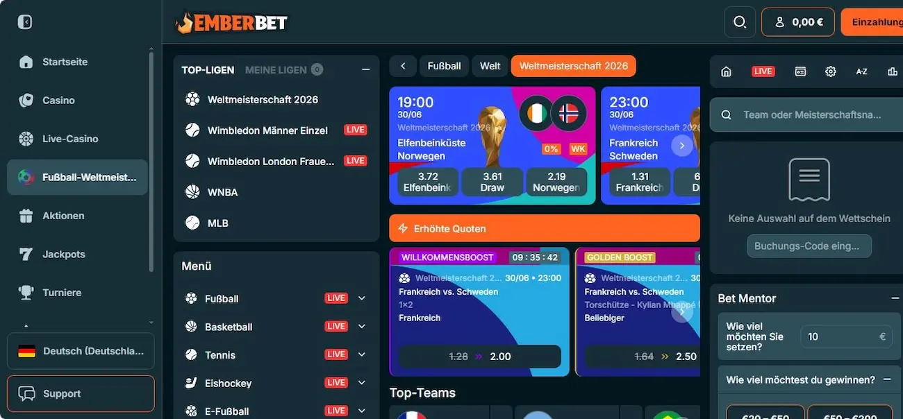 EmberBet Sportwetten: Große Auswahl an Wettoptionen