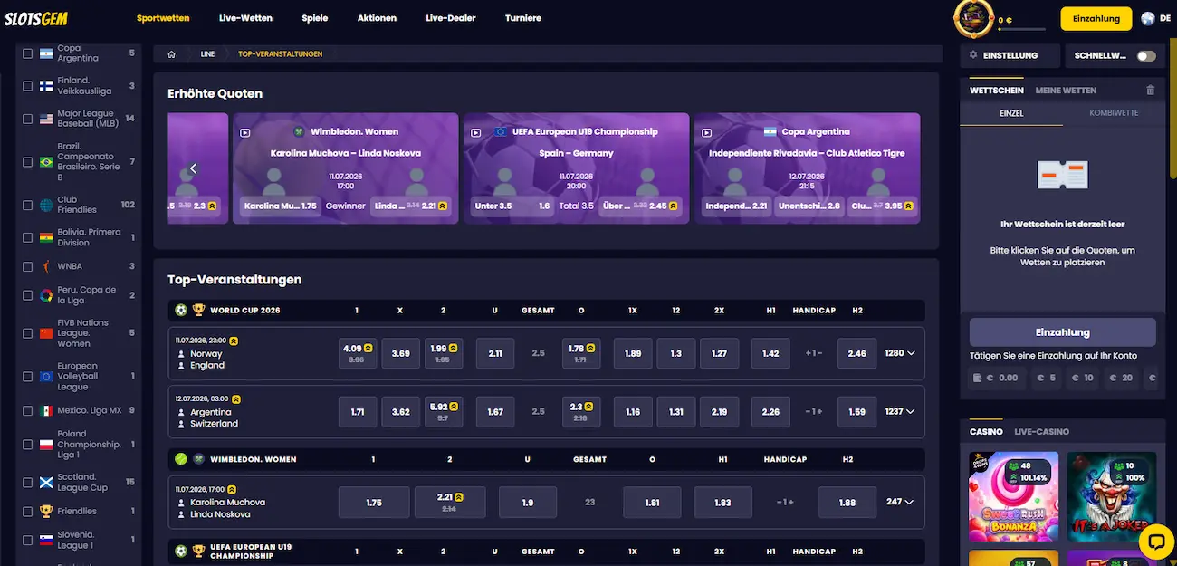 Das Wettangebot bei SlotsGem Sportwetten