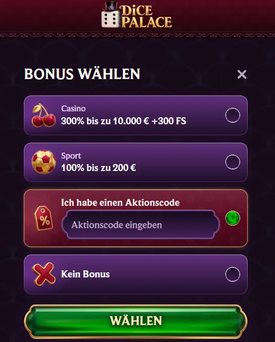 Hier gibst du den DicePalace Aktionscode ein