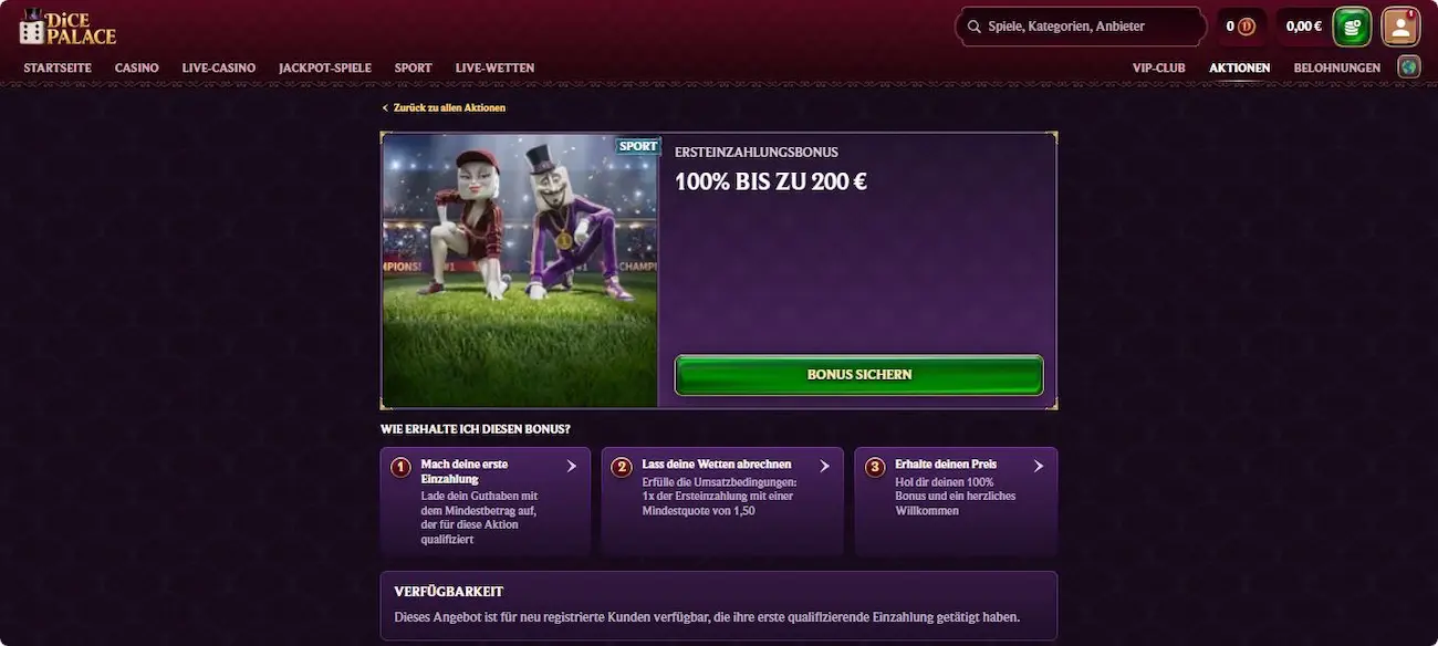 DicePalace Bonus für Neukunden