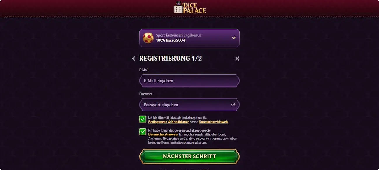 So geht es bei der DicePalace Registrierung weiter