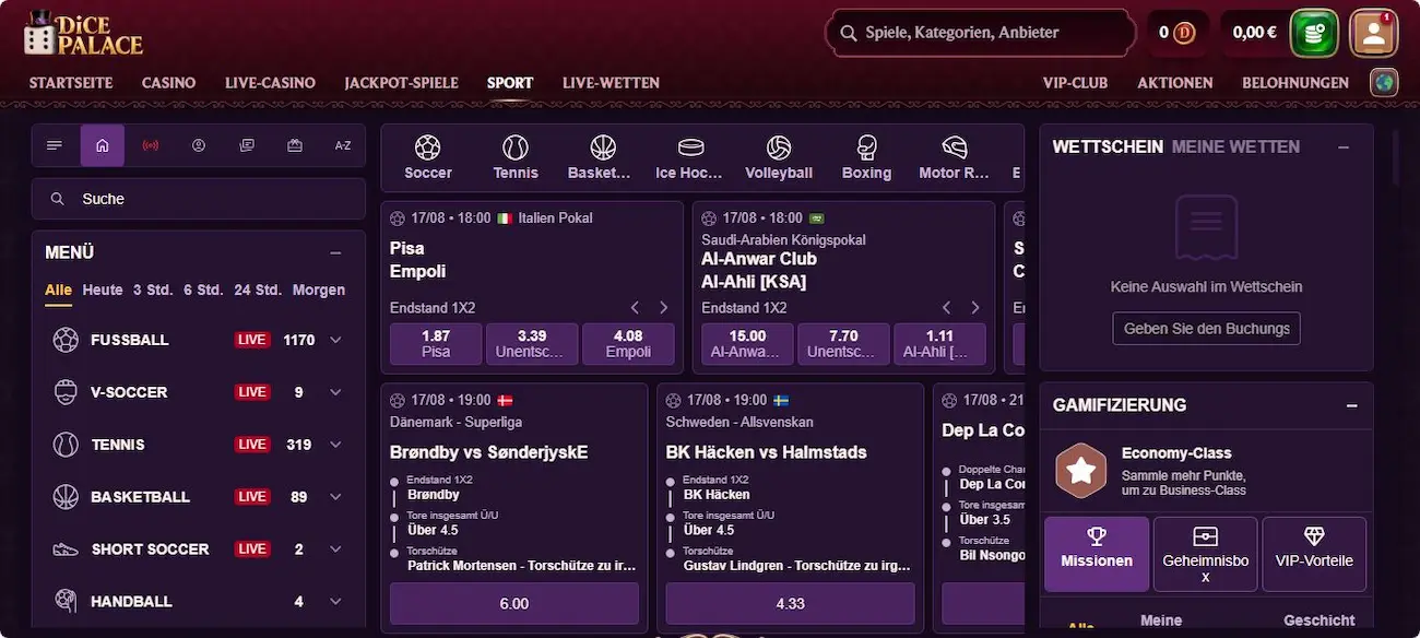 DicePalace Sportwetten-Angebot