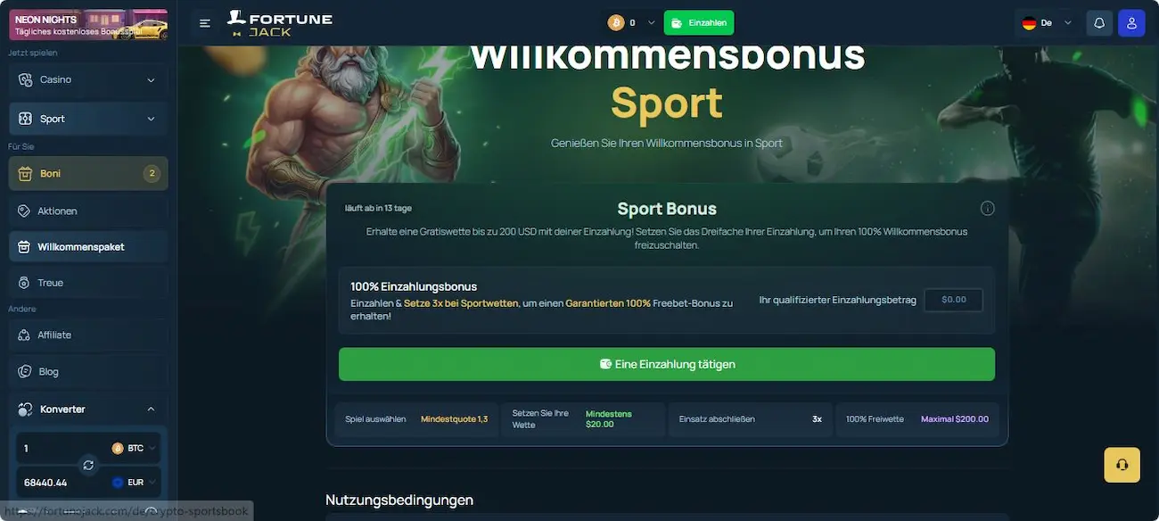 FortuneJack Neukundenbonus