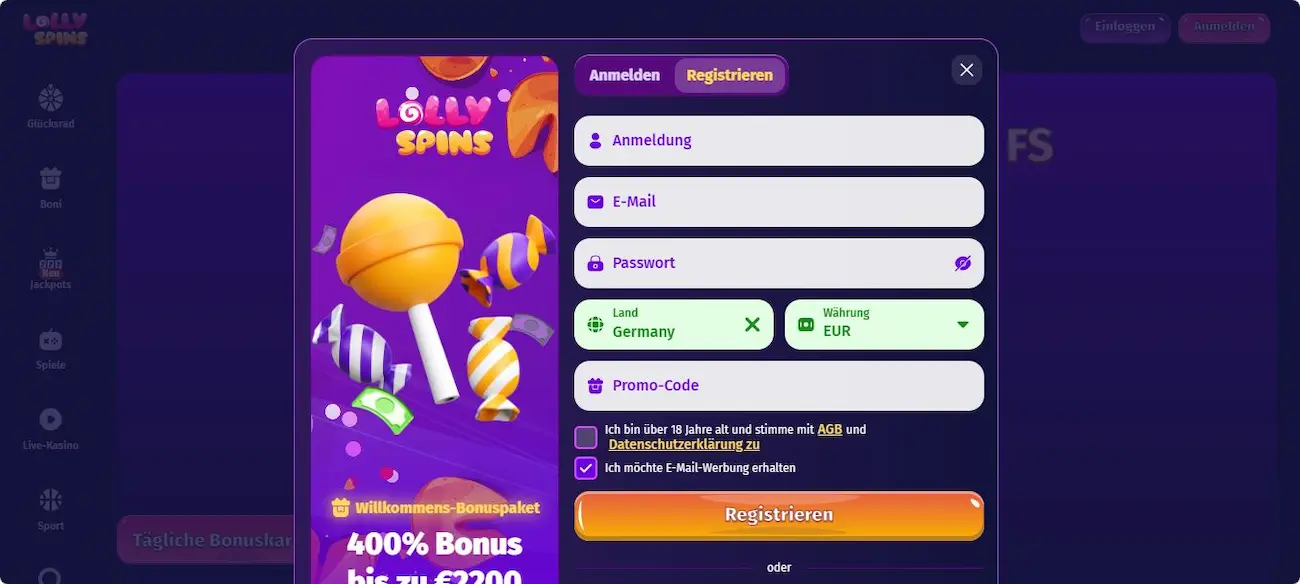 LollySpins Sportwetten mit oder ohne Promo-Code?